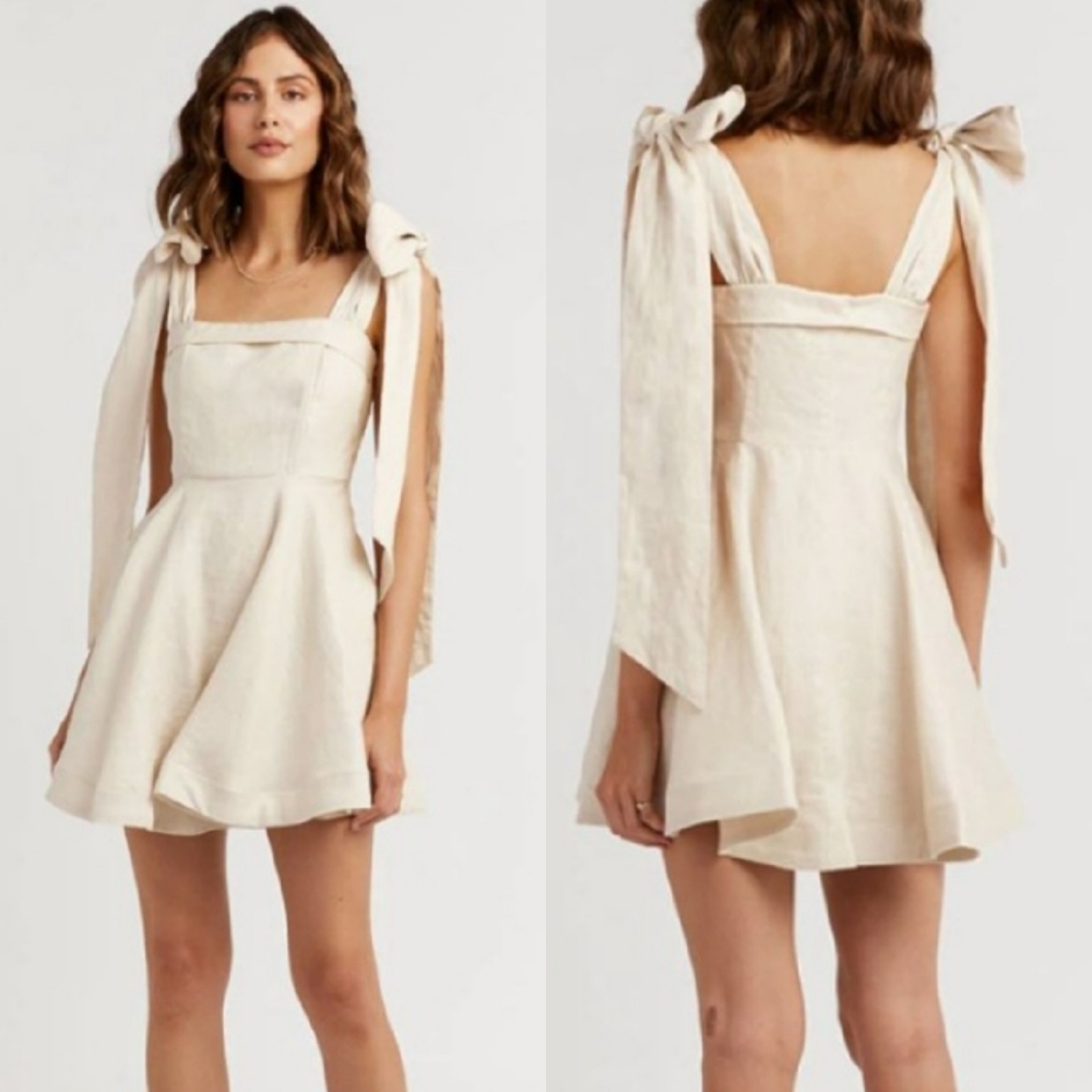 DISSH Aisle Pearl Linen Bow Tie Mini Dress Beige 12 - Picture 2 of 11